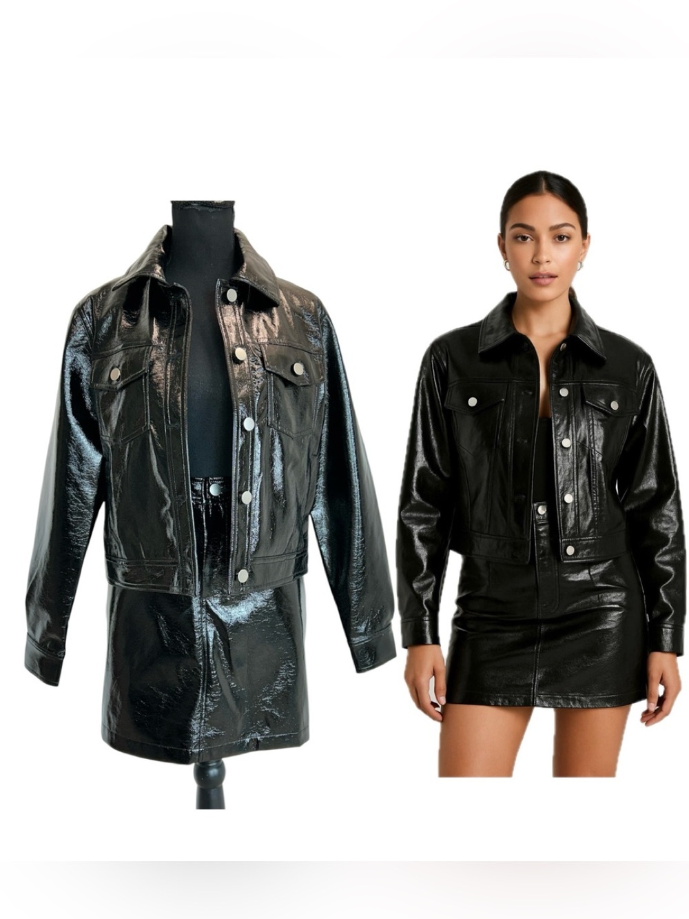 Joe Fresh Black Patent Faux Leather Trucker Jacket mini skirt set Sz S/6 NWOT